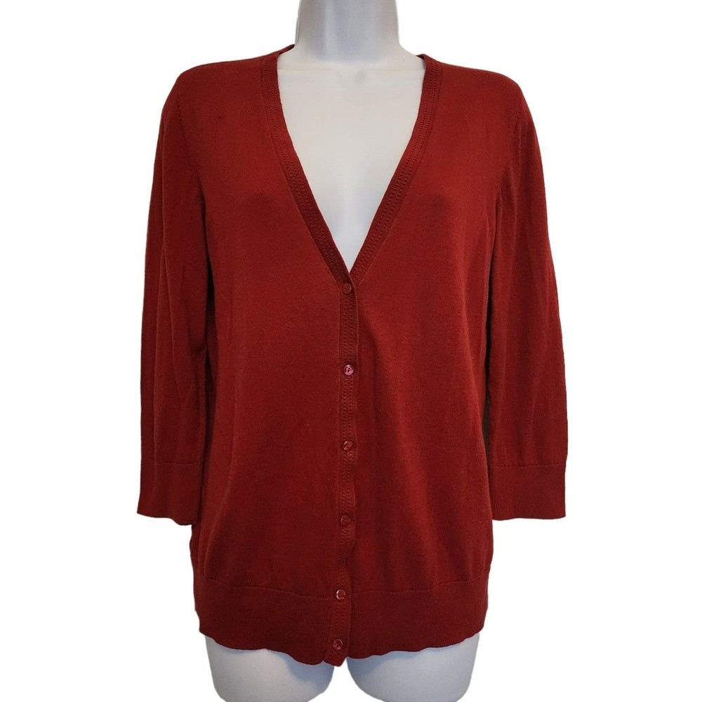 LOFT Red Cardigan Sweater Medium Cotton Cozy Button up Longsleeves Lightweight